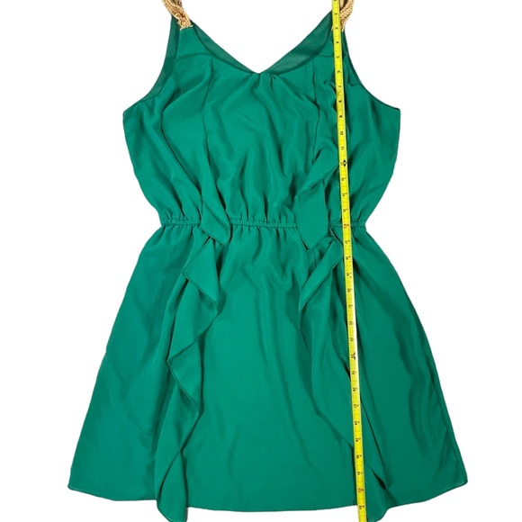 3/$44 Pinky size large green mini dress ruffles on front vneck gold straps silky - Picture 11 of 12